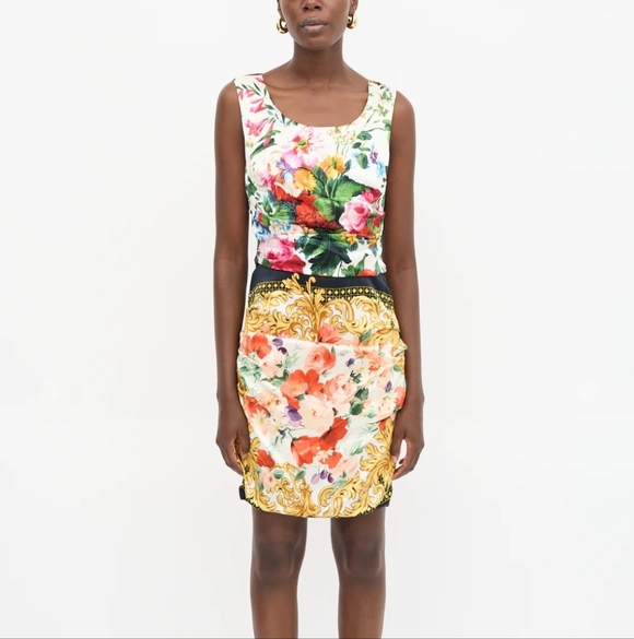 Dolce & Gabbana Silk Floral Bouquet Iconic Sleeveless Rouched Dress - Picture 2 of 15